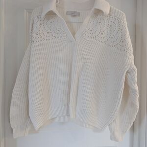 LOFT Cream V-Neck Crochet Sweater